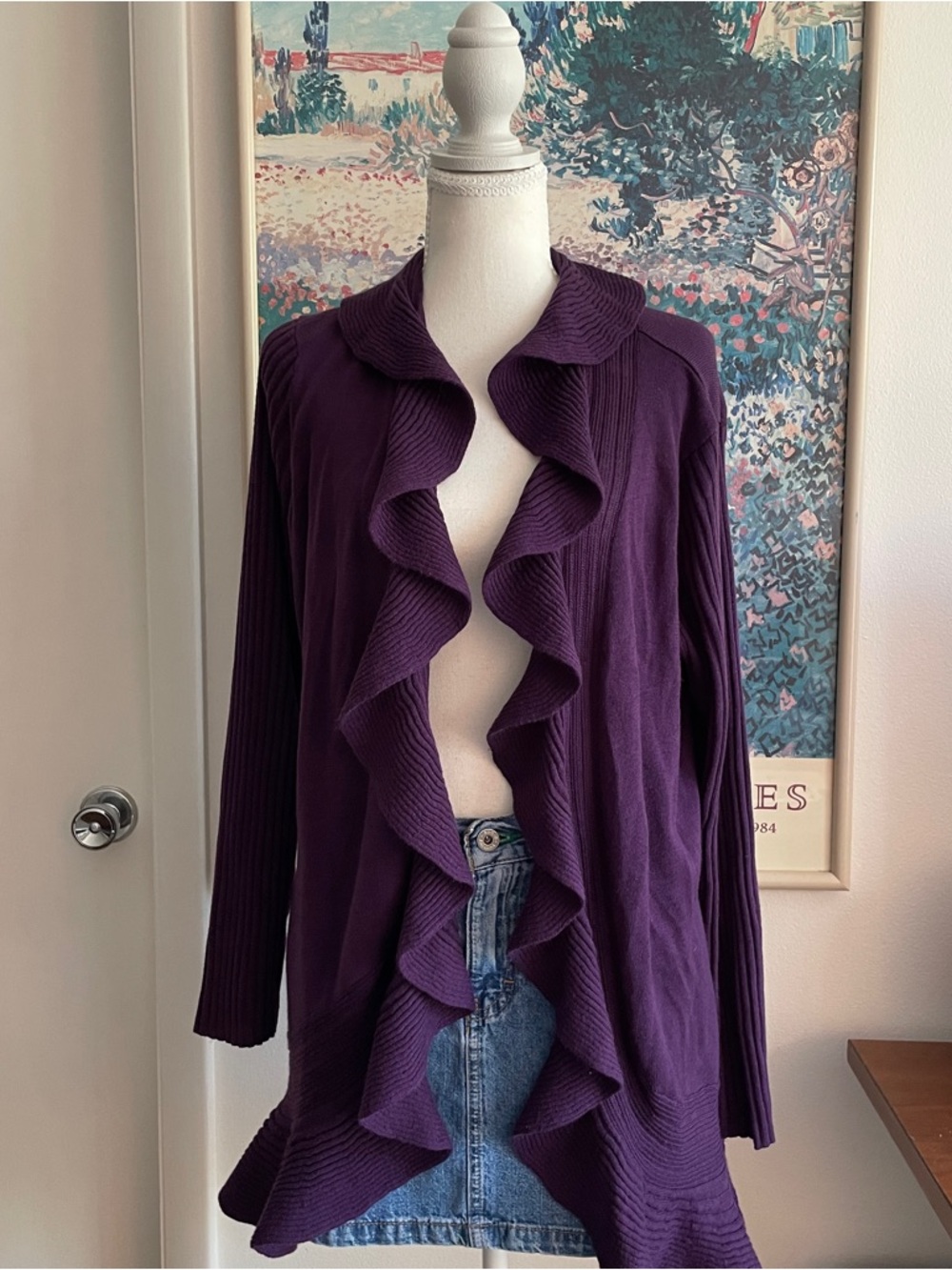 Vintage Y2K Purple Ruffle Front Cardigan Large Ribbed Sleeves Boho Whimsigoth